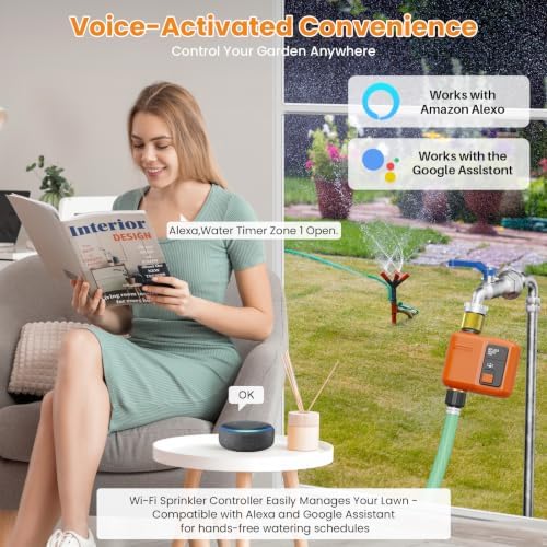 WiFi Water Timer for Garden Hose, Smart Sprinkler Timer with 984ft Long Range, Strong Wall Penetration, APP & Remote Control, Voice Control, Rain Delay, Manual Mode, Watering System