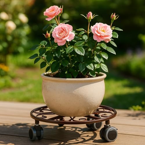 8 Pack Plant Caddy with Wheels & Saucers, Heavy Duty 13.5 Inch Metal Plant Stand with Wheels, Plant Dolly Rolling Plant Stand Plant Roller with Casters for Indoor and Outdoor, Bronze