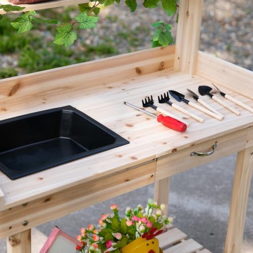 Outsunny 36" Wooden Potting Bench Work Table, 2 Detachable Wheels, Natural