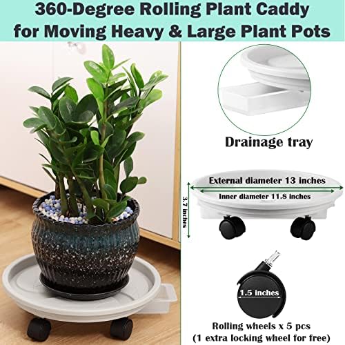 4-Pack 13" Rolling Plant Stand with Wheels, Drainage Tray and Casters - Plastic, Heavy-Duty Dolly for Moving Large, Heavy Plants - Indoor and Outdoor - White