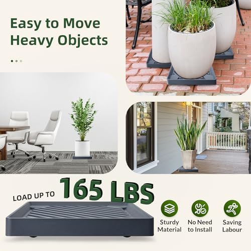 2PCS Square Plant Caddy with Hidden Wheels, Heavy Duty Rolling Plant Stand Caddy with Wheels, Pot Base for Indoor Outdoor, Gray, 13 inches