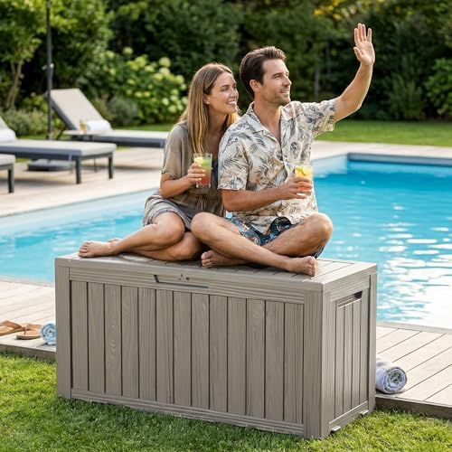 100 Gallon Waterproof Deck Box Outdoor Storage Box with Wheels Grey