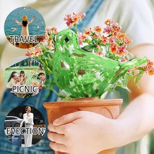 Plant Watering Globes, Bird Glass Self Watering Planter Insert - for Indoor & Outdoor Plants - Glass Plant Water Globes for Daily Use, Planter Spikes to Support Indoor & Outdoor Plant Health, Green