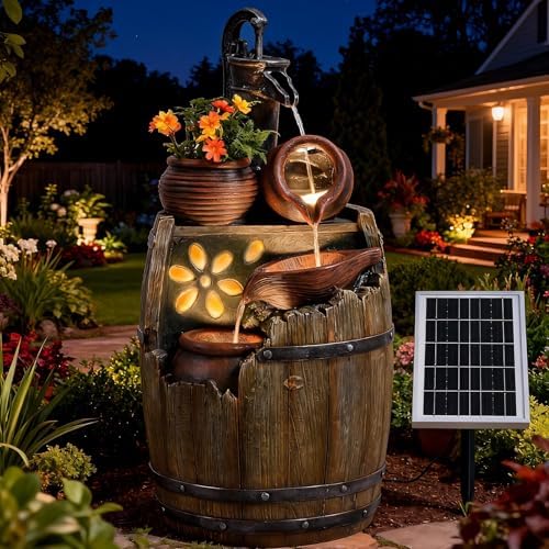 29 Inch Solar Outdoor Water Fountain with Pump Rustic Barrel Fountain