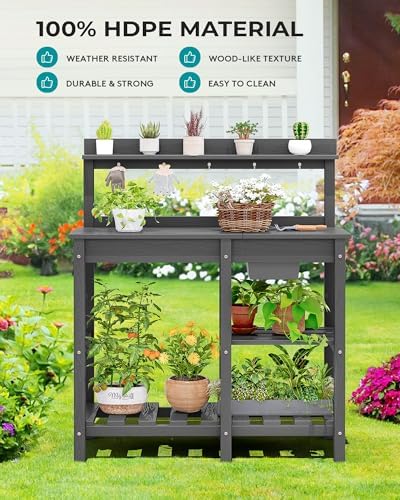 SERWALL Outdoor Potting Bench with Removable Sink,Gardening Table,Grey