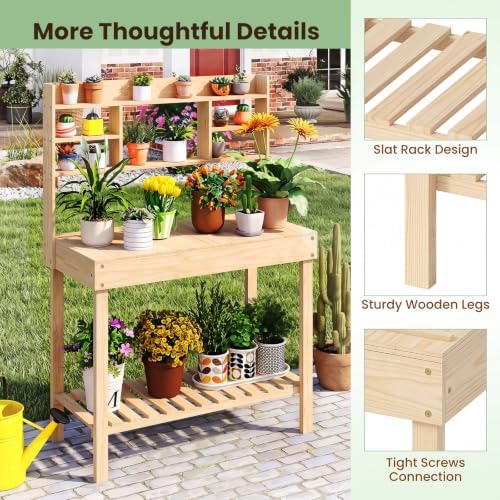 HAPPYGRILL Potting Bench Table, 60” Wood Garden Work Bench with Storage