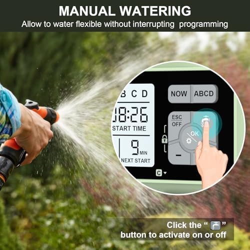 Watering Timer 4 Zone, Sprinkler Timer,Programmable Garden Outdoor Hose Faucet Timer with Rain Delay/Manual/Automatic Watering System,Water Hose Irrigation Timers 4 Outlet for Garden Lawn