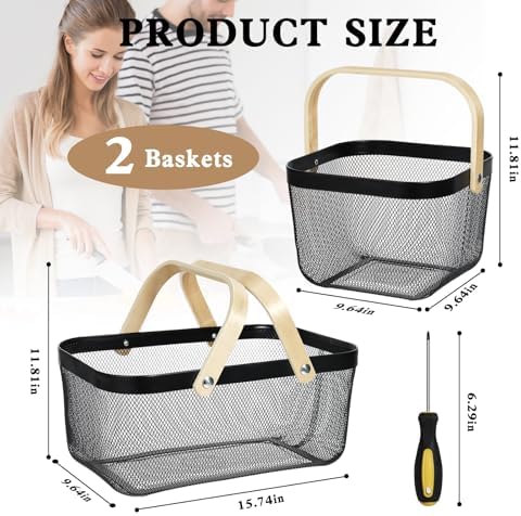 2 Pack Garden Harvest Basket, Metal Mesh Wire Picnic Basket with Handle