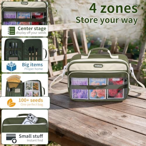 Seed Storage Organizer for Gardeners, Front Pocket for Quick Seed Access, 3-Ring Binder with 30 Pages (Holds 120 Packs) + 20 Refillable Envelopes, Seed Packets for Gardening Tools, （Green）
