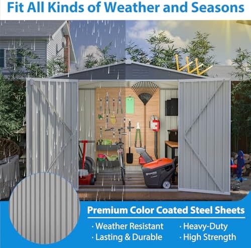 8x6 ft Outdoor Waterproof Metal Storage Shed with Foundation Floor Frame, Lockable Hinged Doors & Air Vents, All Weather Garden Tool Shed for Backyard Lawn, Galvanized Steel - Grey