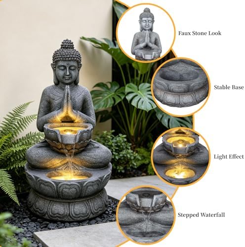 32.7" H Buddha Fountain Outdoor Indoor, Zen Waterfall Fountain with LED