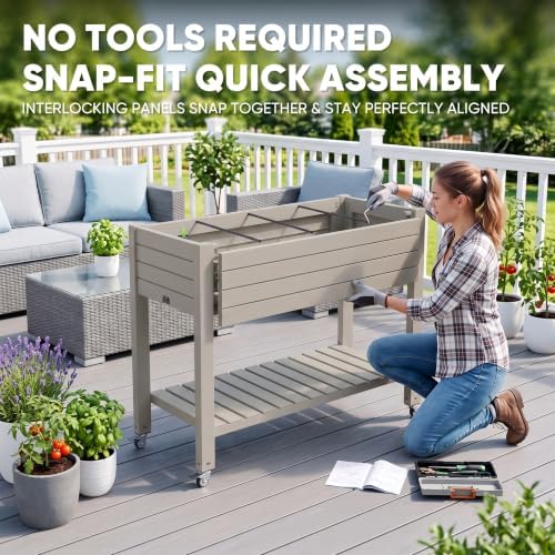 2 Outdoor Patio Raised Garden Bed Elevated Planter Box Resin Plant Stand Gardening with Storage Shelf Legs Wheels Drainage Water Gauge,Grey