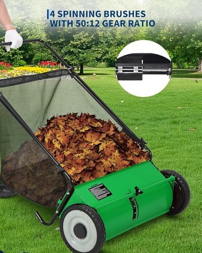 26-Inch Lawn Sweeper, 198L Extra-Large Collection Bag, 4 High-Speed Rotating Brushes, Adjustable Height Settings, Easy Leaf, Grass & Debris Cleanup for Lawns, Driveways, Patios & Artificial Turf