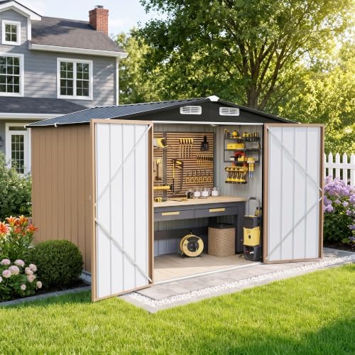 LAUSAINT HOME 8 x 10 FT Outdoor Storage Shed, Heavy Duty Galvanized Steel Storage Shed with Double Lockable Doors, Gable Roof & Air Vent for Backyard, Brown