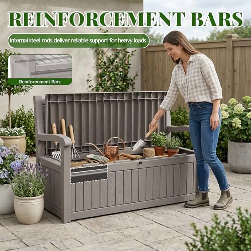 120 Gallon Outdoor Storage Bench, Lockable for Patio Furniture, Grey