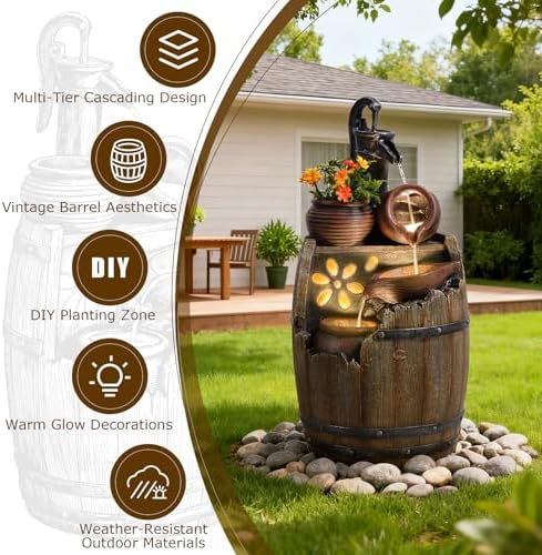 29" H Outdoor Water Fountain Pump and Barrel with LED Lights