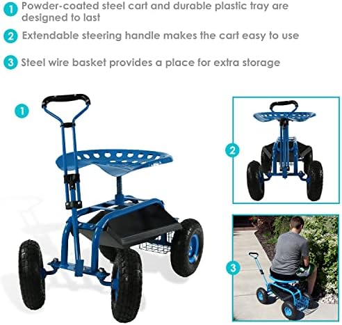 Sunnydaze Garden Seat with Wheels and Adjustable Handle, Blue