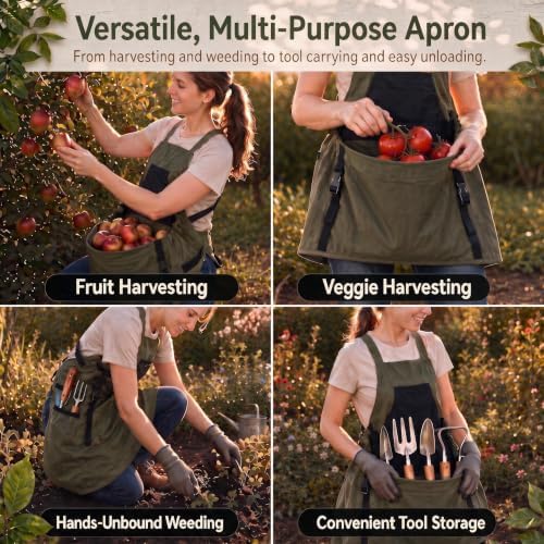 Gardening Apron with Pockets, Heavy Duty Oxford Fabric Harvest Apron Green