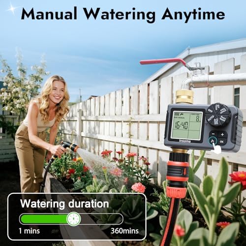 Water Timer for Garden Hose with 100% Metal Pipe, Programmable Sprinkler Controller for Garden Faucet with Auto/Manual/Rain Delay Mode, Irrigation Timers for Lawn, Yard, Outdoor Plants