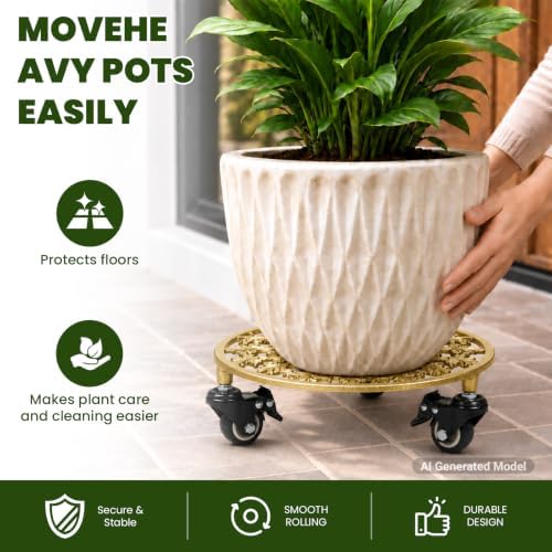2 Pack 11" Heavy Duty Round Metal Plant Caddy with Wheels, Gold