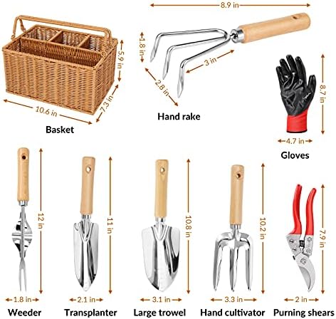 SOLIGT 8 Piece Garden Tools Set With Basket, Gardening Gifts For Women Men