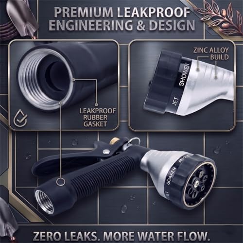 Water Hose Nozzle 2-Pack, Zinc Alloy Garden Spray Nozzle with Adjustable Spray Patterns, Leakproof Rustproof Trigger Lock for Outdoor Cleaning & Car Wash, Silver & Silver