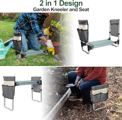 Foldable Garden Kneeler and Seat, New Generation Gardening Stool with 2 Tool Pouches, with Wider&Softer EVA Kneeling Pad, Gardening Gifts for Parents Seniors, Lightweight & Heavy Duty