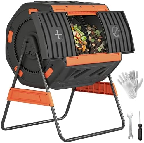 Brilluxa Outdoor Compost Bin, 53-Gallon Dual Chamber Tumbling Composter and Rotating Compost Tumbler with Adjustable Air Vents, BPA-Free Garden Waste Container, Orange