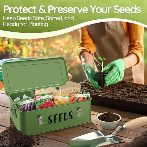Flexzion Seed Storage Organizer Box, Metal Seed Packet Organizer, Green