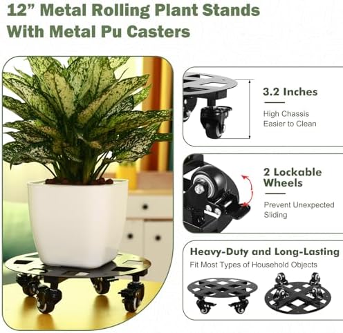 2 Packs 12 inches Large Metal Plant Caddy with Wheels Heavy-Duty Round Plant Stands with Casters Indoor Outdoor Flower Pot Mover Roller Base Garden Dolly Coasters Black, Strong Load Capacity