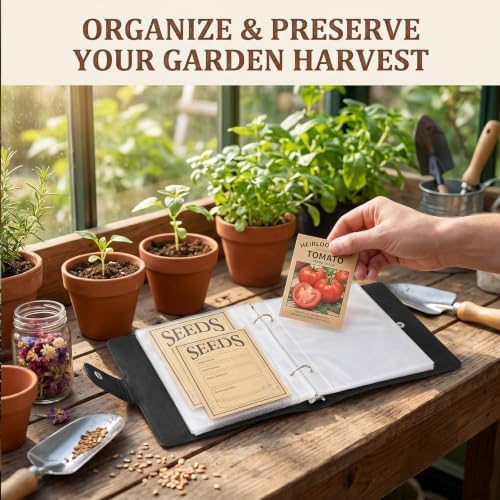 Seed Storage Organizer Binder, Efficient Seed Packet Organizer with 50 Pack Seed Envelopes, PU Garden Seed Holder Book, Seed Binder for Garden Planner, Flower Seed Keeper (Black)