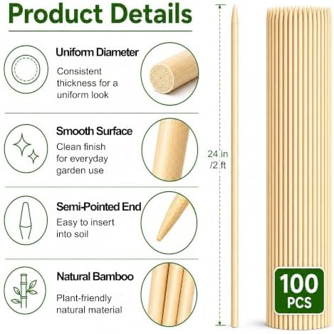 100 PCS 2FT Bamboo Plant Stakes, 6.3mm Thick Bamboo Stakes
