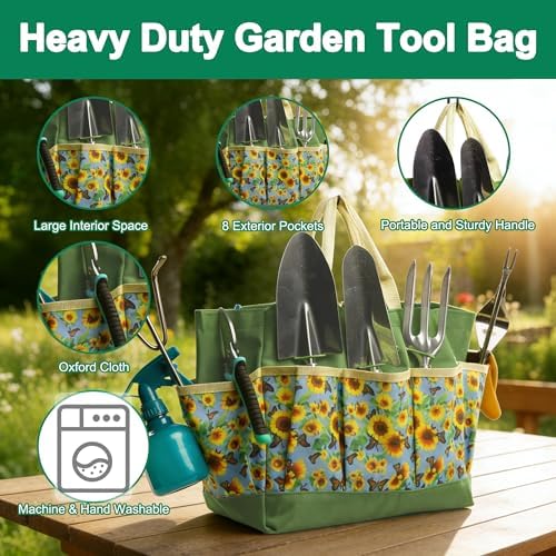 Garden Tool Set, 9 Pcs Heavy Duty Stainless Steel Gardening Hand Tool, Yellow Garden Tool Bag Kit, Gardening Supplies Gifts for Women Men Mom Dad Gardener Beginner