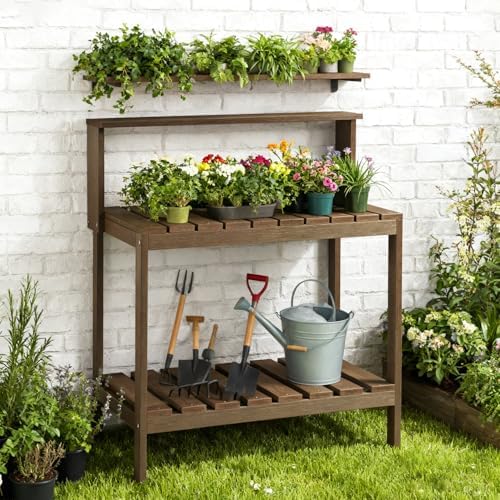 Outdoor Potting Bench, HDPE Patio Potting Table for Porch, Brown