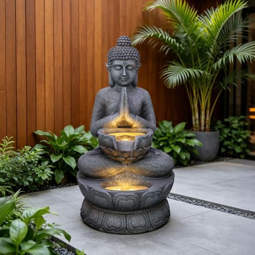 32.7" H Buddha Fountain Outdoor Indoor, Zen Waterfall Fountain with LED