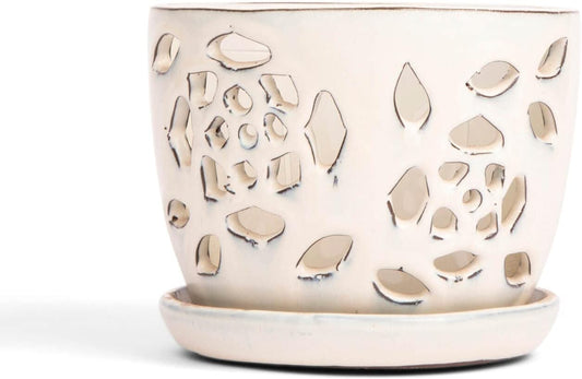 rePotme 5 inch Orchid Pot - Floral Cutout Ceramic Orchid Pot with Holes (White Diamond) - Includes 5 inch Slotted Pot Liner