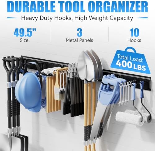 49.5" Garage Tool Organizer Wall-Mounted, Heavy Duty Garage Wall Organizer with 10 Adjustable Hooks, Garden Tool Storage Rack, Holds Up to 400 lbs