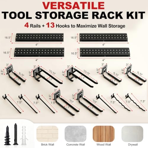 Garage Tool Organizer Wall Mount, 66", 4 Racks, 13 Hooks, 520 lb
