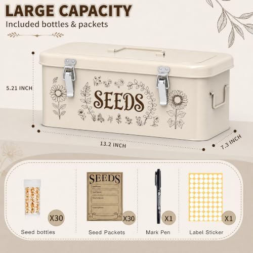 Metal Seed Storage Organizer, Locking Seed Saving Box, Beige