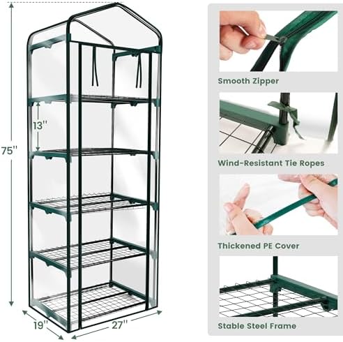 Worth Garden 5 Tier Mini Greenhouse - 75'' H x 27'' L x 19'' W - Sturdy Portable Gardening Shelves with Transparent PVC Cover - Small Porch Green House for Growing Plants Flowers Indoor & Outdoor