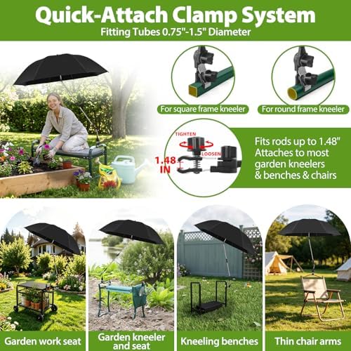 Garden Kneeler Umbrella, 42” Large Clip on Umbrella with Metal Clamp,UPF50+ Sun Protection,360°Swivel,Folding Garden Umbrellas for Garden Bench Kneeler Seat,Outdoor Gardening Shade