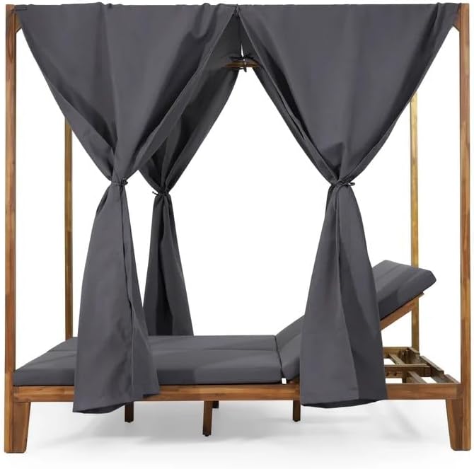 kevinplus Outdoor Patio Sunbed Daybed with Adjustable Reclining Chaise Lounge & Water-Resistant Canopy & Curtain, Solid Wood Construction, Dark Gray