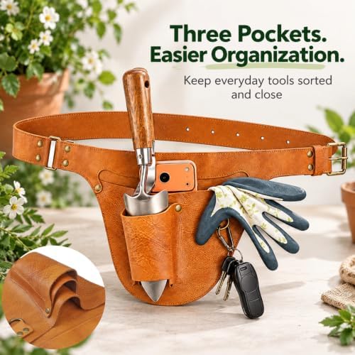 Leather Florist Tool Belt Pouch 3-Pocket Adjustable for Gardening Carpenter