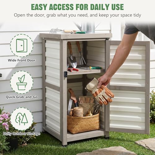 Outdoor Storage Cabinet, 33.5" H Compact Patio Storage Cabinet with Plastic Door Panels, Wood-Style Frame, 2-Tier Outdoor Organizer for Porch, Balcony, Backyard, Garden Supplies, Gray & White