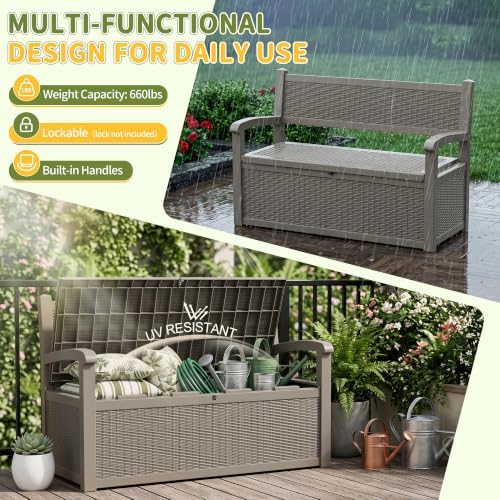 120 Gallon Outdoor Storage Bench Lockable, Rattan Grey