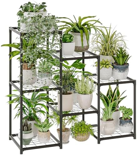 Bamworld Black Plant Stand Outdoor Metal Plant Shelf for Multiple Plants
