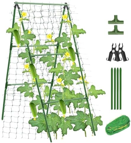Garden Cucumber Trellis for Climbing Plants Outdoor, 47x16 inch A Frame Cucumber Trellis for Garden Raised Bed, Plant Support for Vegetable Vine Pea Bean, with Netting (Green, 47x16inch)