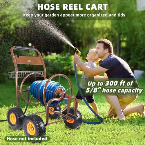 WERMAH Upgrade Hose Reel Cart, Garden Hose Cart 4 Wheels, Holds 300ft 5/8"
