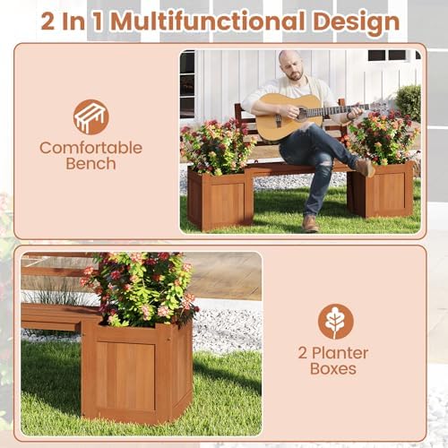 GIANTEX Set of 2 Outdoor Bench with Backrest, Wood Raised Garden Bed w/Open Base, Weather-Resistant Square Deep Planter Boxes for Flowers Fruit Vegetable, Bench Seat for Porch Yard Balcony Lawn