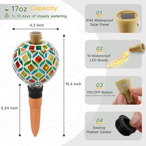 VOREEN Mosaic Glass Plant Watering Globe with Solar Light, 17 oz, Gourd Art